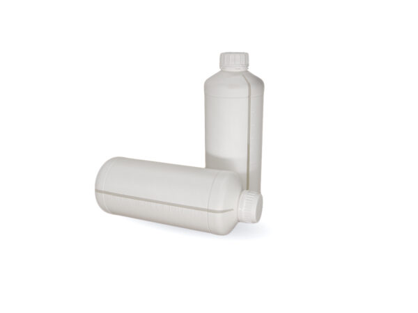 Witte plastic fles met zichtstreep en maatstreep